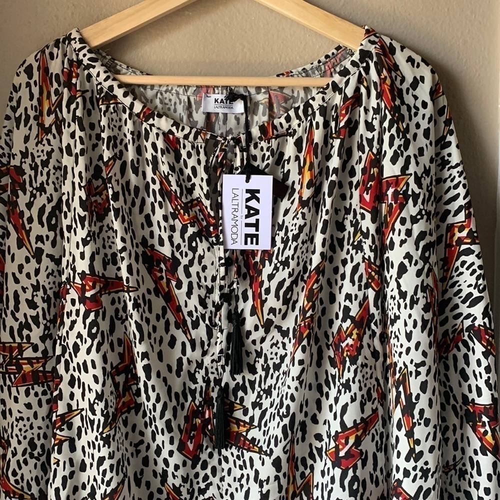 NWT KATE BY LALTRAMODA CAMICI Long Sleeve Lightning Bolt Oversized Tunic Blouse